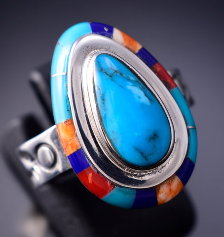 Size 9 Silver & Turquoise Multistone Native American Inlay Ring stamped DR 6F17C