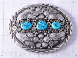 Vintage Silver & Turquoise Navajo Eagle Feathers Buckle by L. Hildreth 5F10A