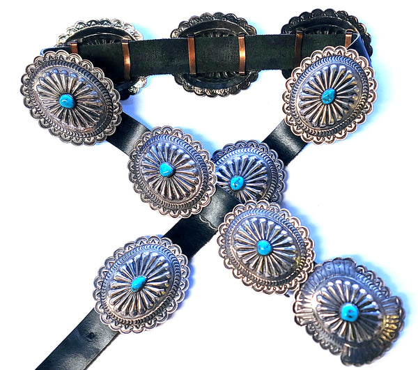 Vintage Classic Traditional Navajo Turquoise Concho Belt signed LS 5L11S