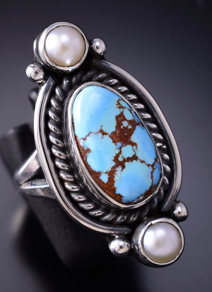 Size 7-3/4 Silver & Golden Hills Turquoise Pearl Navajo Ring Erick Begay 6F28F