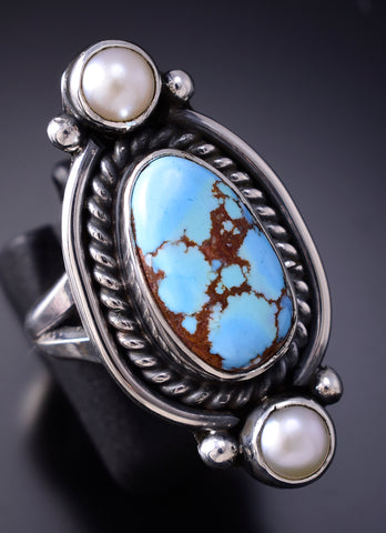 Size 7-3/4 Silver & Golden Hills Turquoise Pearl Navajo Ring Erick Begay 6F28F
