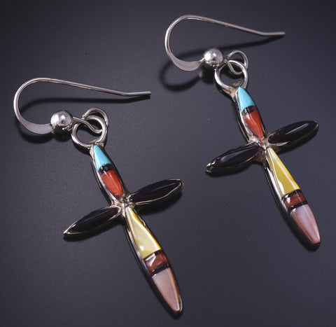 Silver & Turquoise Multistone Zuni Inlay Cross Earrings - Lynette Bowannie 5D18R