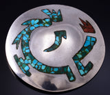 Vintage Silver & Turquoise w/ Coral Navajo Chip Inlay Brooch 5F10J