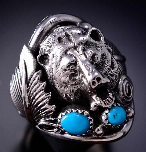 Size 10 Silver & Turquoise Navajo Grizzly Bear Men's Ring Darrell Morgan 6J30G