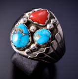 Size 12 Silver & Turquoise Coral Navajo Men's Ring by Annie Spencer 4L10W