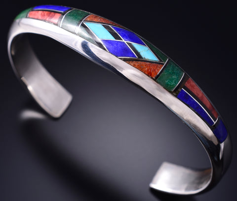Vintage Silver Multistone Inlay Isleta Pueblo Bracelet by Pete Sanchez 6A21P