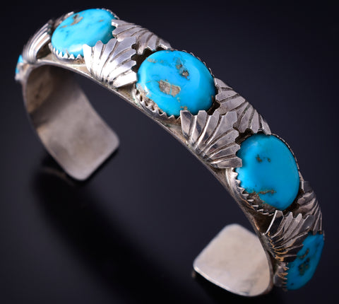 Vintage Silver & Turquoise Zuni Handmade Leaves Bracelet - Loyolita Othole 5K17M