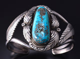 Vintage Silver & Turquoise Feathers Navajo Open-Faced Bracelet signed DW 5J29Y