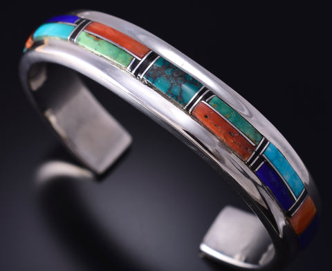 Vintage Silver & Turquoise Multistone Navajo Inlay Braclet by Frank Chee 5J29Z