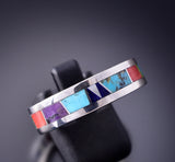 Size 12 Silver & Turquoise Multitone Navajo Inlay Men's Band Ring by TSF 3L07Q