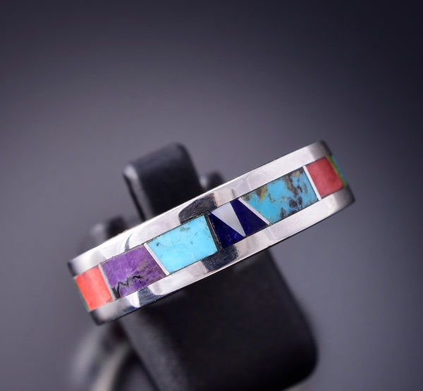 Size 12 Silver & Turquoise Multitone Navajo Inlay Men's Band Ring by TSF 3L07Q