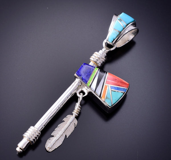 Reversible Silver Multistone Navajo Inlay Tomahawk Pendant by TSF 3L07X