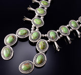 Vintage Silver & Gaspeite Navajo Squash Blossom Necklace signed KA 6G29P
