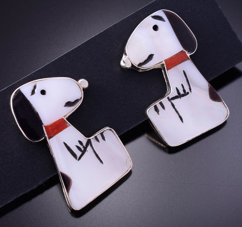Silver & Mother of Pearl Zuni Inlay Snoopy Earrings by Shenel Comosona 4A29Q