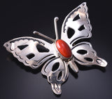 Vintage Silver & Coral Navajo Handmade Open Face Butterfly Brooch 5G12M