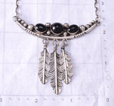 Vintage 20" Silver & Onyx Eagle Feathers Navajo Necklace by RL 6H31Z