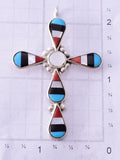 Silver & Turquoise Multistone Zuni Inlay Cross Pendant by Florencia Lucio 4E27T
