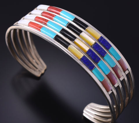 Silver & Turquoise Multistone Zuni Inlay Rainbow Bracelet by Anson Wallace 5K22M