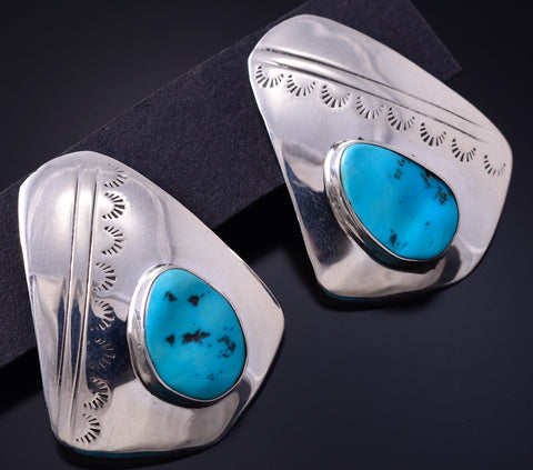 Vintage Silver & Turquoise Navajo Handstamped Earrings 5E06X