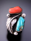 Size 7-3/4 Vintage Turquoise and Coral Navajo Handmade Ring 3E10H