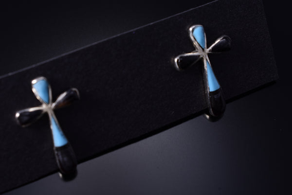 Silver & Turquoise Multistone Zuni Inlay Cross Earrings Kristina Bowannie 5G22E