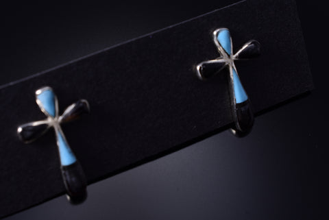 Silver & Turquoise Multistone Zuni Inlay Cross Earrings Kristina Bowannie 5G22E