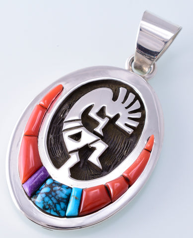 Silver & Coral Multistone Navajo Inlay Kokopelli Pendant by Erick Begay 3H20M