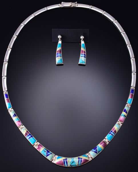 Silver Multistone Navajo Inlay Necklace & Earring Set Evangeline Sherman 6G29Z