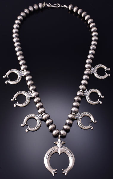 20" Silver Navajo Handmade Squash Blossom Necklace by Bryannen Halwood 6H06N