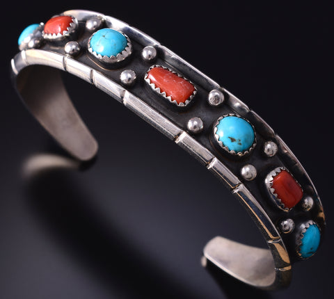 Sterling & Turquoise Coral Navajo Handmade Bracelet by Reed Charley 5J18S