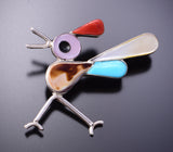 Silver & Turquoise Multistone Zuni Inlay Roadrunner Pendant & Brooch by Kelly Edaakie 3F12Q