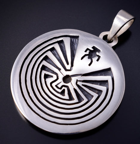 Silver Hopi Handmade Man in the Maze Pendant by Gerald Lomaventema 5H25R