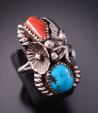 Size 6-3/4 Silver & Turquoise & Coral Feather & Flower Navajo Ring by Max Calabaza 3F22S