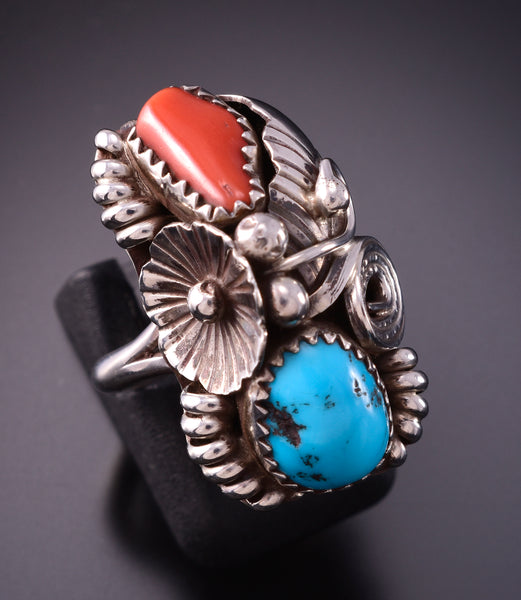 Size 6-3/4 Silver & Turquoise & Coral Feather & Flower Navajo Ring by Max Calabaza 3F22S