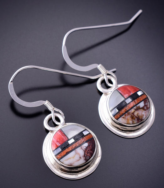 Silver & Mother of Pearl Multistone Zuni Inlay Round Earrings by Delbert Kallestewa Jr 3J22H