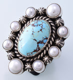 Size 8-1/2 Silver & Golden Hills Turquoise & Fresh Water Pearl Navajo Ring by Erick Begay 3H19F