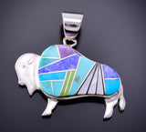 Silver & Turquoise Multistone Navajo Inlay Buffalo Pendant by TSF 3L07Z