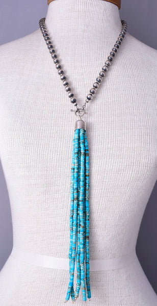 Kingman Turquoise Tassle Necklace on Silver Navajo Pearls 5L23R