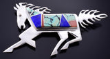 Vintage Silver & Turquoise Multistone Navajo Inlay Horse Brooch 6B14K
