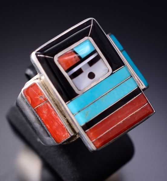 Size 9 Silver & Turquoise Multistone Zuni Inlay Sunface Ring by Don Dewa 6H25X