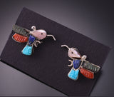 Silver & Turquoise Multistone Zuni Inlay Hummingbird Earrings by Sharon Natewa 3G03M