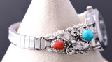 Silver & Turquoise w/ Coral Navajo Feathers Watch by Jeanette Saunders 6H31O