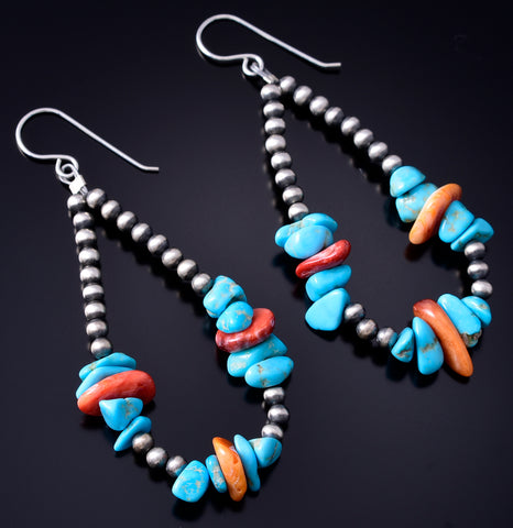 Silver & Turquosie Navajo Pearl Handstrung Loop Earrings by Corraine Smith 6B14G