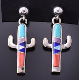Silver & Turquoise Multistone Navajo Inlay Cactus Earrings by TSF 3L10R
