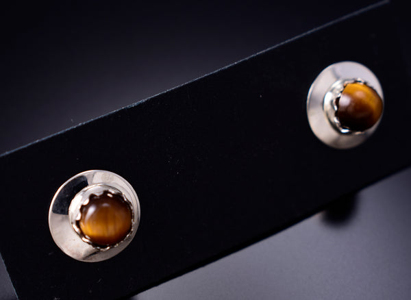 Tiger Eye Stone - Navajo Handmade Sterling Silver Post Earrings by Juanita Manygoats - 6J31C