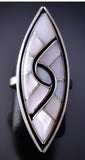 Size 5-1/4 Silver & Mother of Pearl Zuni Inlay Long Ring 6F09Y