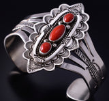 Silver & Coral Navajo Handstamped Bracelet by Eula Wylie 5J18D