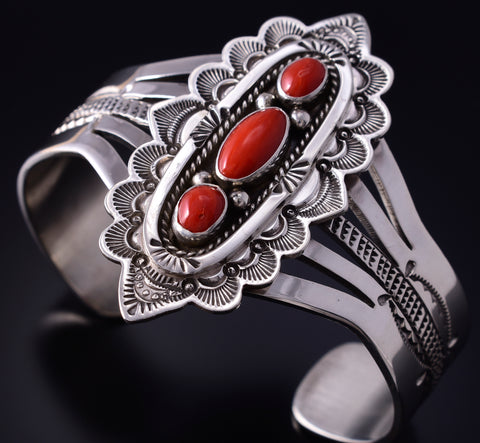 Silver & Coral Navajo Handstamped Bracelet by Eula Wylie 5J18D