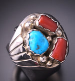 Size 10-1/2 Silver & Turquoise & Coral Navajo Mens Ring by Alvery Smith 3G05T