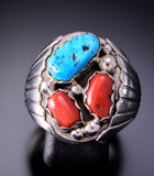 Size 11-3/4 Silver & Turquoise & Coral Navajo Men's Ring by Alvery Smith 3D06T